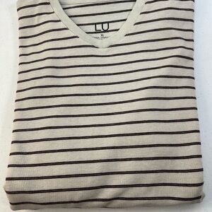 NWOT Linea Uomo LU Cream with Maroon Stripes Waffle Knit Thermal V-Neck Size XL